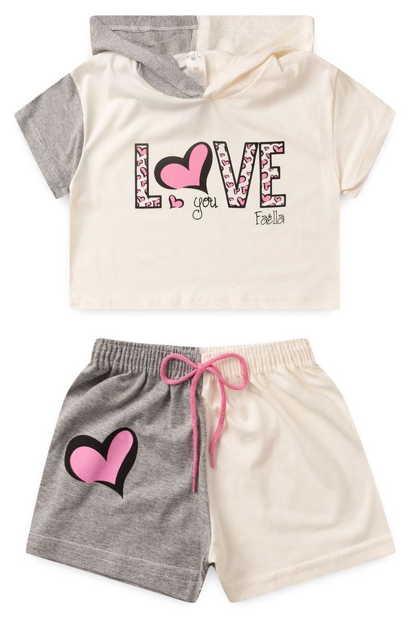 Conjunto Cropped Infantil Verão Feminino Love You - Off-White