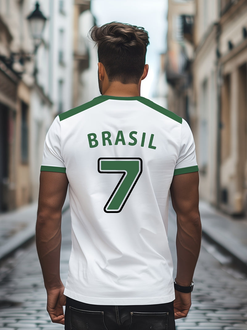 T-shirt masculina com elementos de impressão brasileira, t-shirt casual de verão de manga curta com decote redondo, camisa de manga curta estampada moderna e na moda