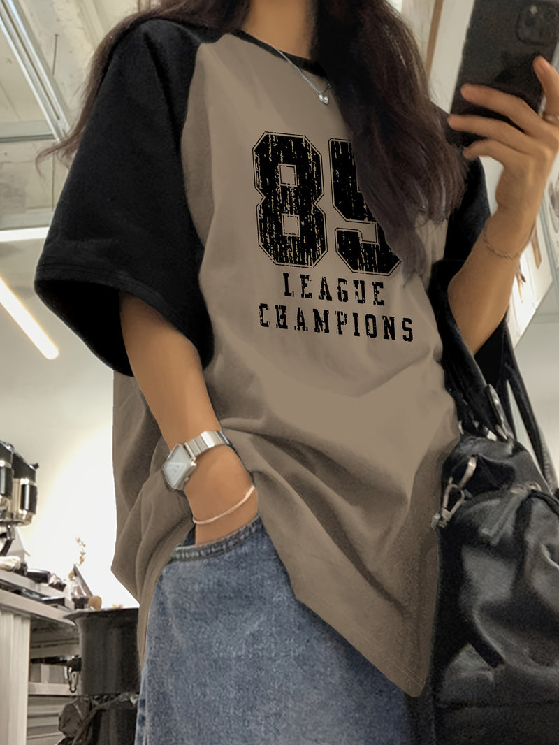 Camiseta casual com gola redonda e estampa de letras, top de malha de manga curta