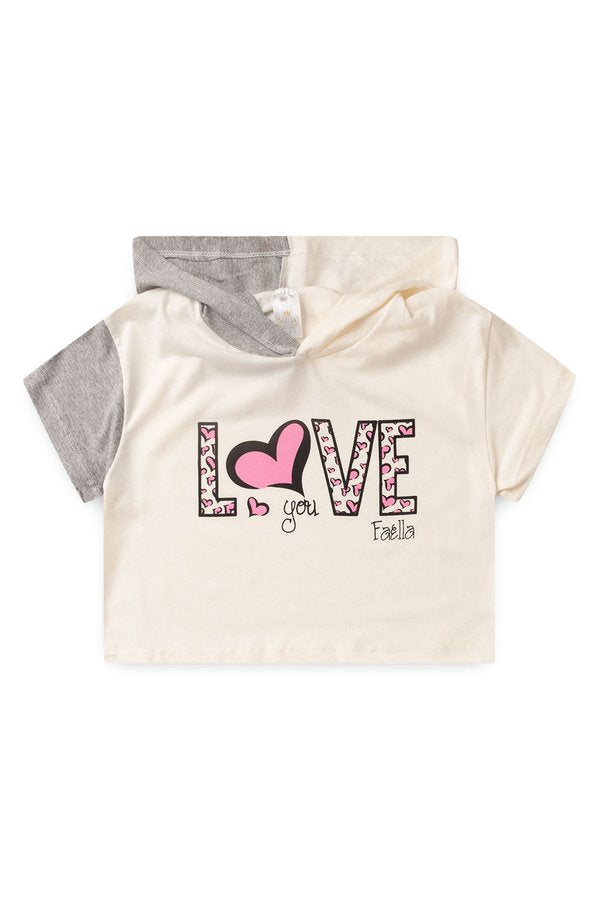 Conjunto Cropped Infantil Verão Feminino Love You - Off-White