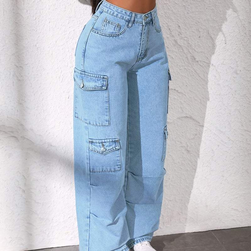 1 peça de Calça Cargo Feminina de Cintura Alta, Azul Claro Lavado, Modelagem Solta, Jeans Elástico de Perna Larga com Múltiplos Bolsos, Estilo Casual, Sem Cinto, Cor Sólida, Todas as Estações