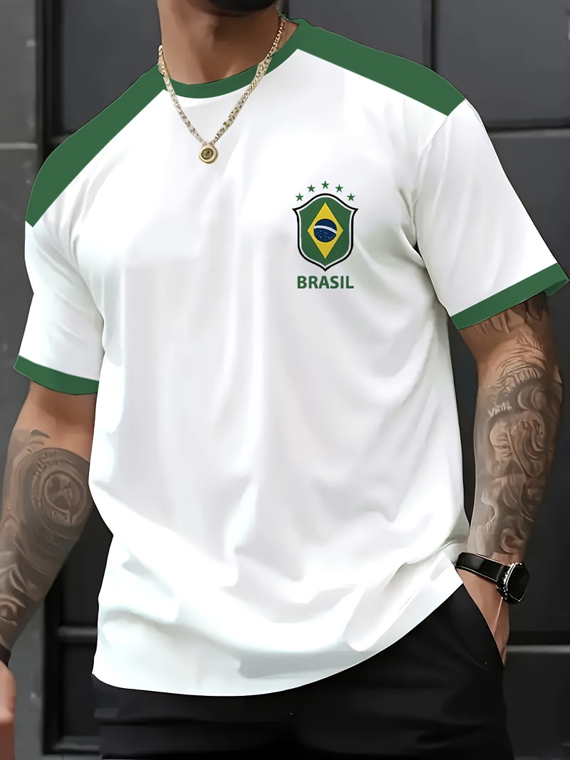 T-shirt masculina com elementos de impressão brasileira, t-shirt casual de verão de manga curta com decote redondo, camisa de manga curta estampada moderna e na moda