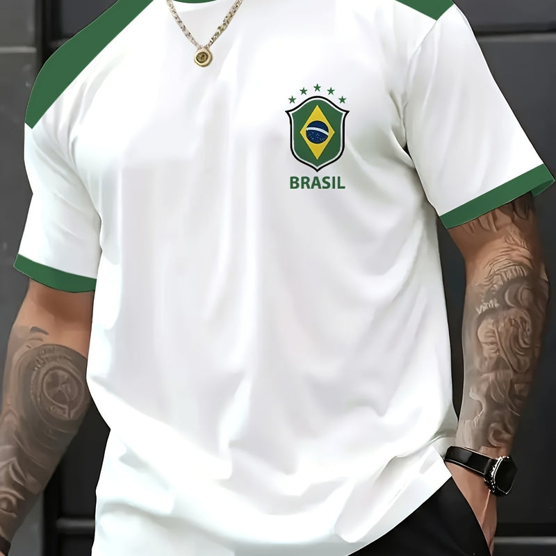 T-shirt masculina com elementos de impressão brasileira, t-shirt casual de verão de manga curta com decote redondo, camisa de manga curta estampada moderna e na moda