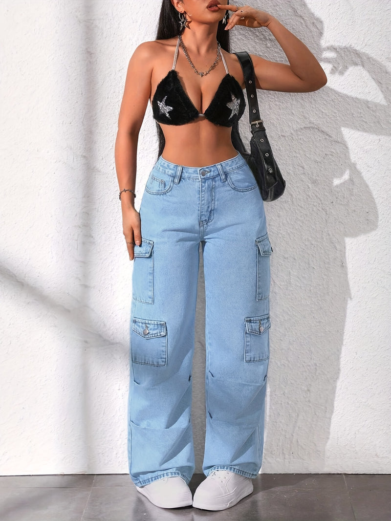 1 peça de Calça Cargo Feminina de Cintura Alta, Azul Claro Lavado, Modelagem Solta, Jeans Elástico de Perna Larga com Múltiplos Bolsos, Estilo Casual, Sem Cinto, Cor Sólida, Todas as Estações