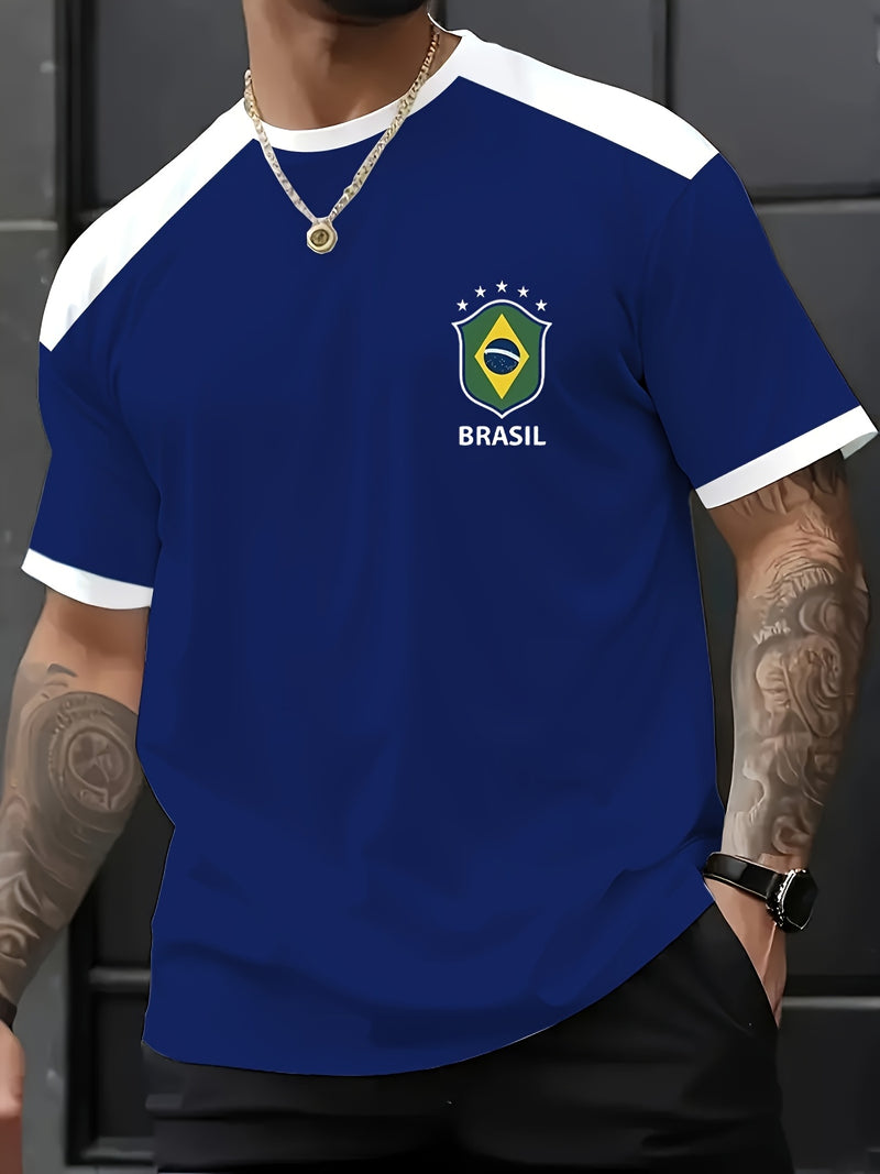 T-shirt masculina com elementos de impressão brasileira, t-shirt casual de verão de manga curta com decote redondo, camisa de manga curta estampada moderna e na moda