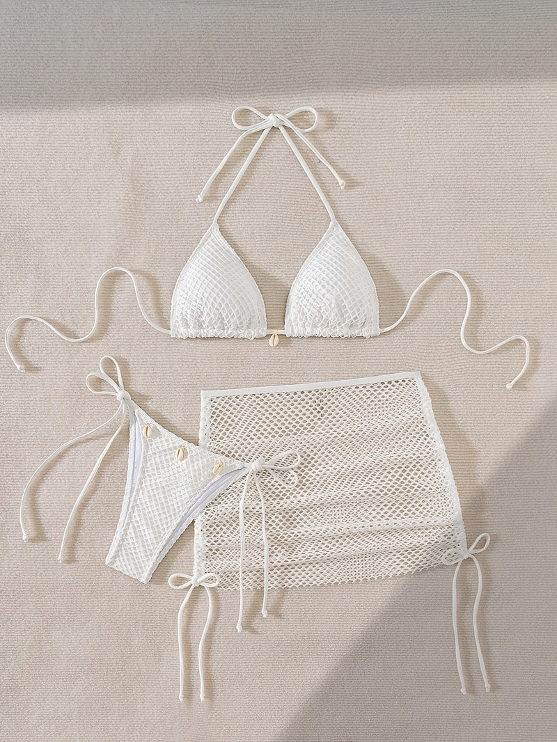 Conjunto de Biquíni de 3 Peças em Malha de Cor Sólida, Enfeites de Concha, Pescoço com Laço Triangular, Saia de Quadril Semi-Transparente, Sexy e Alta Elasticidade, Adequado para Férias na Praia!