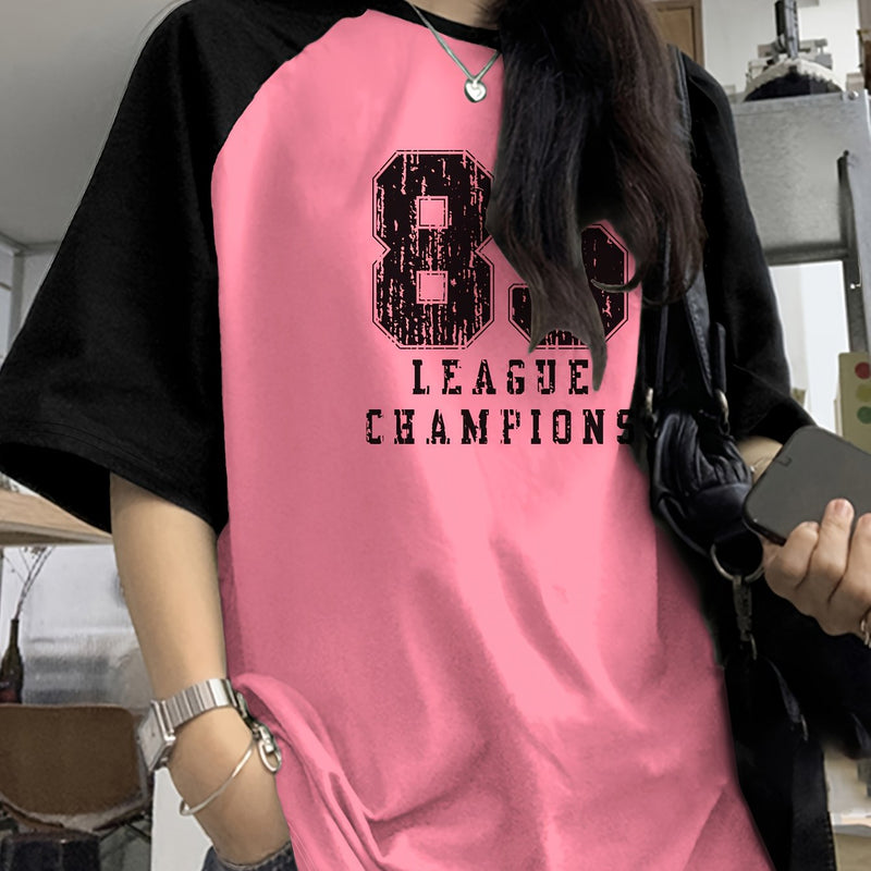 Camiseta casual com gola redonda e estampa de letras, top de malha de manga curta