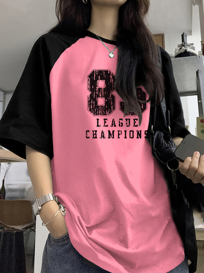 Camiseta casual com gola redonda e estampa de letras, top de malha de manga curta