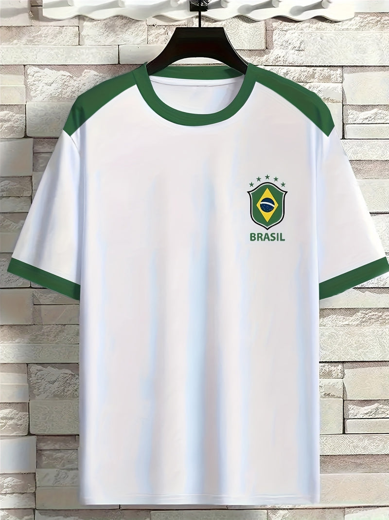 T-shirt masculina com elementos de impressão brasileira, t-shirt casual de verão de manga curta com decote redondo, camisa de manga curta estampada moderna e na moda