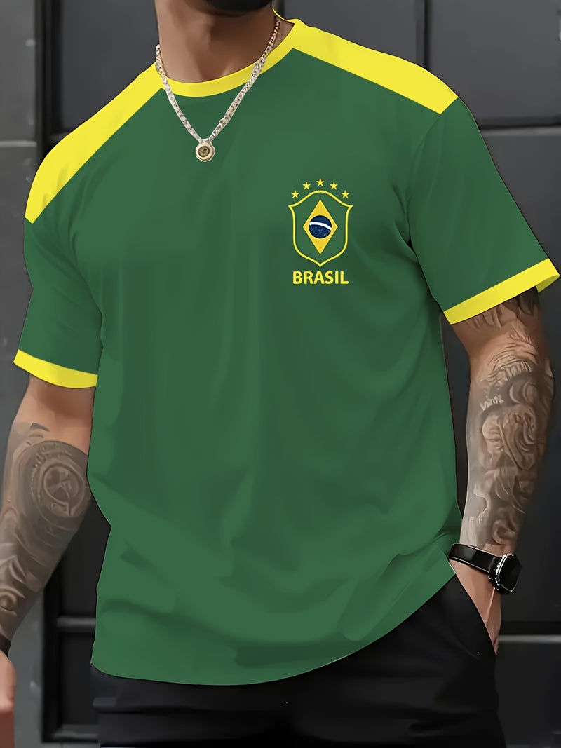 T-shirt masculina com elementos de impressão brasileira, t-shirt casual de verão de manga curta com decote redondo, camisa de manga curta estampada moderna e na moda