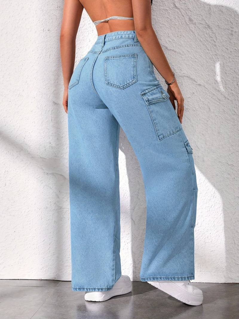 1 peça de Calça Cargo Feminina de Cintura Alta, Azul Claro Lavado, Modelagem Solta, Jeans Elástico de Perna Larga com Múltiplos Bolsos, Estilo Casual, Sem Cinto, Cor Sólida, Todas as Estações