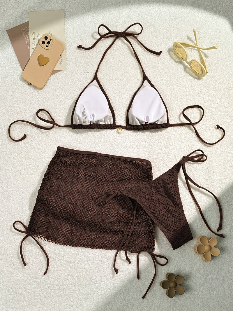 Conjunto de Biquíni de 3 Peças em Malha de Cor Sólida, Enfeites de Concha, Pescoço com Laço Triangular, Saia de Quadril Semi-Transparente, Sexy e Alta Elasticidade, Adequado para Férias na Praia!