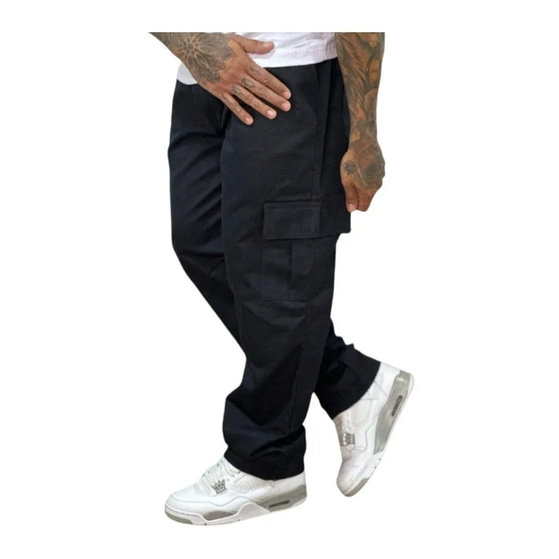 Calça Cargo Larga Sarja Masculina Skate Bolso Fechamento Cordão