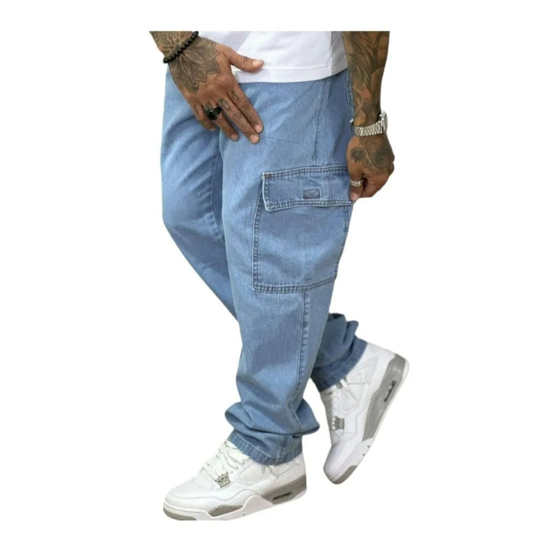 Calça Cargo Larga Sarja Masculina Skate Bolso Fechamento Cordão