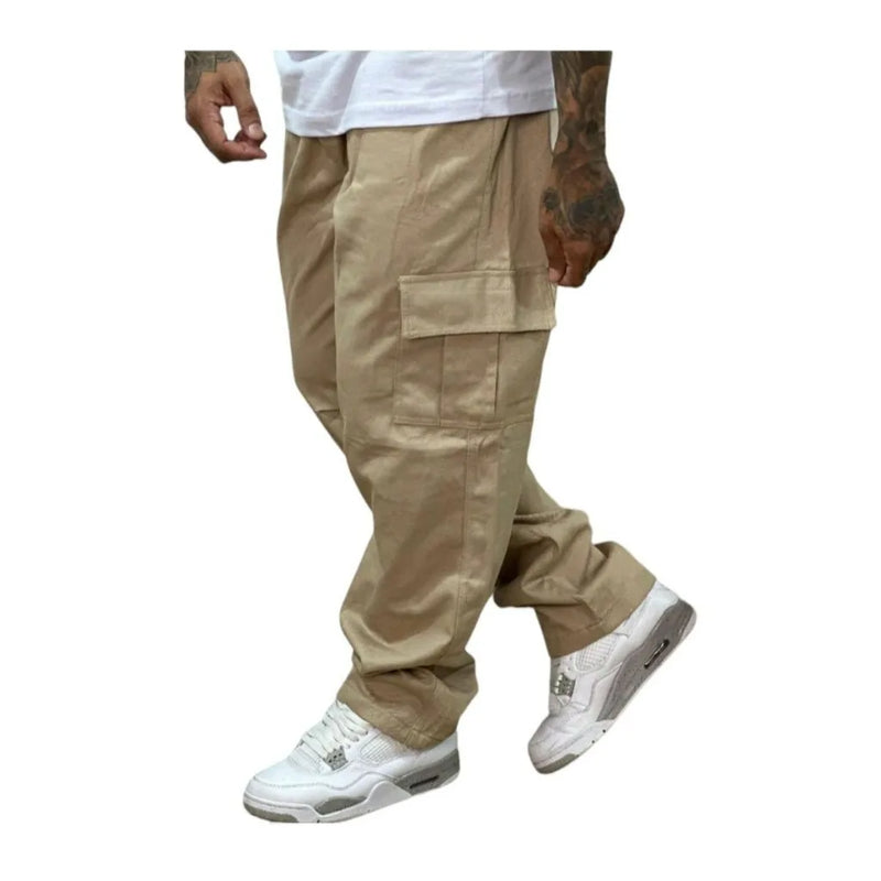 Calça Cargo Larga Sarja Masculina Skate Bolso Fechamento Cordão