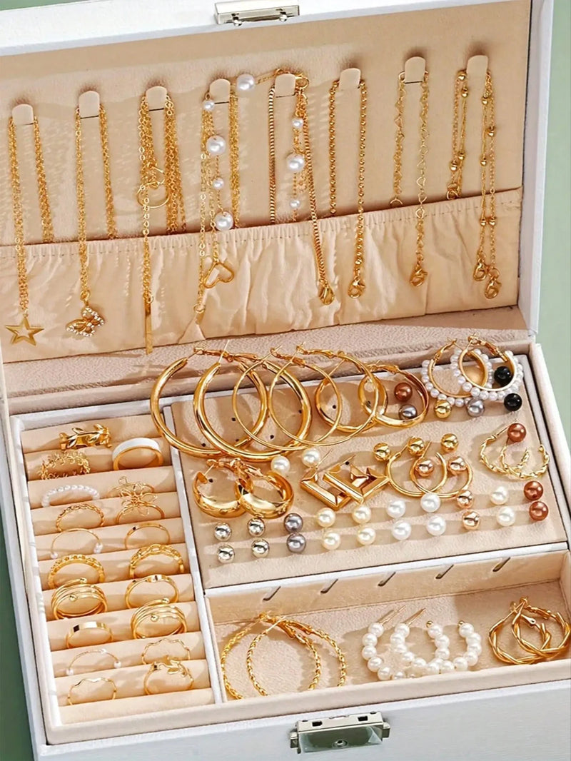 86 pçs/set elegante brincos de pérola multi-camadas colar orelha studs anéis 4-em-1 conjunto de jóias para mulher uso diário presente (sem caixa)