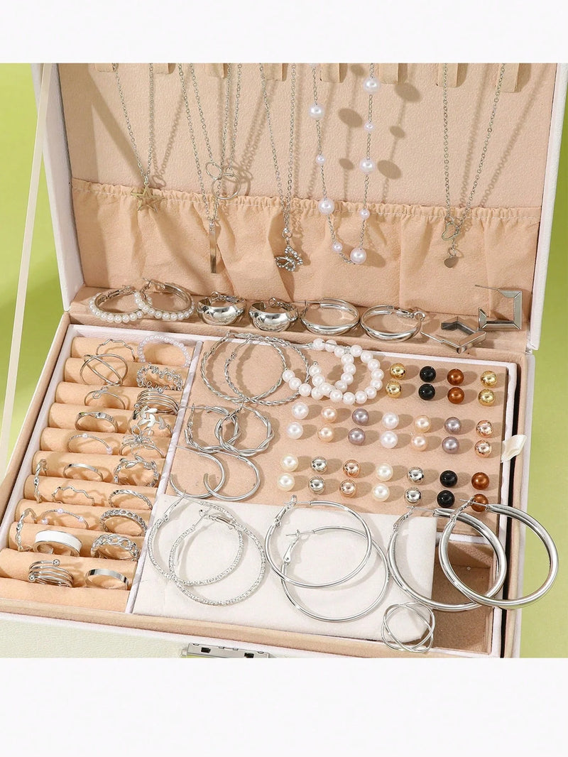 86 pçs/set elegante brincos de pérola multi-camadas colar orelha studs anéis 4-em-1 conjunto de jóias para mulher uso diário presente (sem caixa)