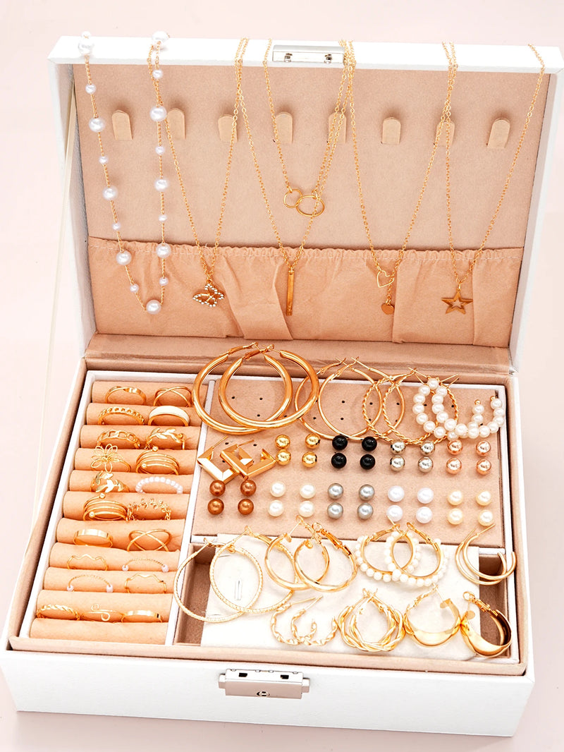 86 pçs/set elegante brincos de pérola multi-camadas colar orelha studs anéis 4-em-1 conjunto de jóias para mulher uso diário presente (sem caixa)