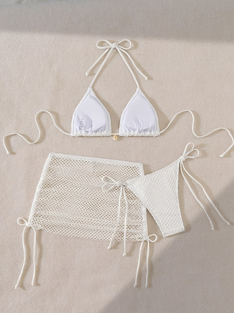 Conjunto de Biquíni de 3 Peças em Malha de Cor Sólida, Enfeites de Concha, Pescoço com Laço Triangular, Saia de Quadril Semi-Transparente, Sexy e Alta Elasticidade, Adequado para Férias na Praia!