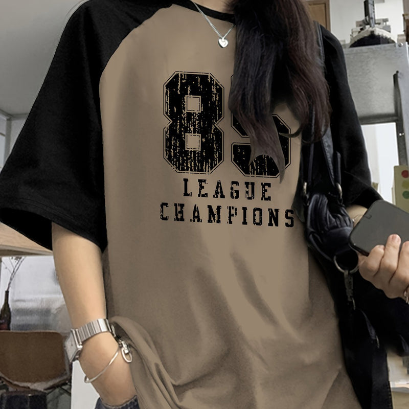 Camiseta casual com gola redonda e estampa de letras, top de malha de manga curta