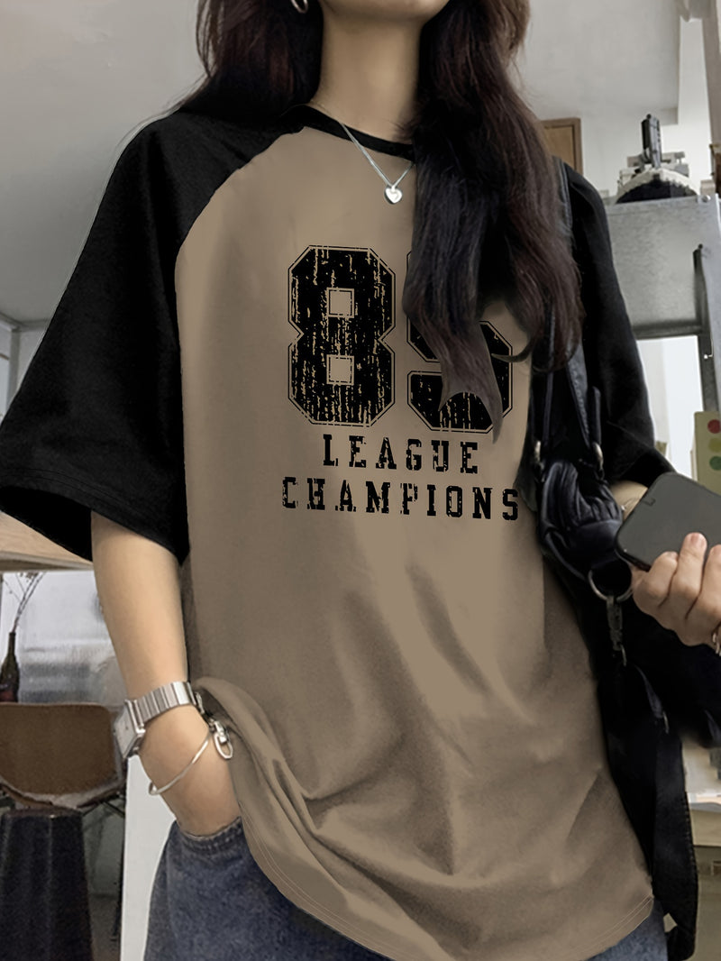 Camiseta casual com gola redonda e estampa de letras, top de malha de manga curta