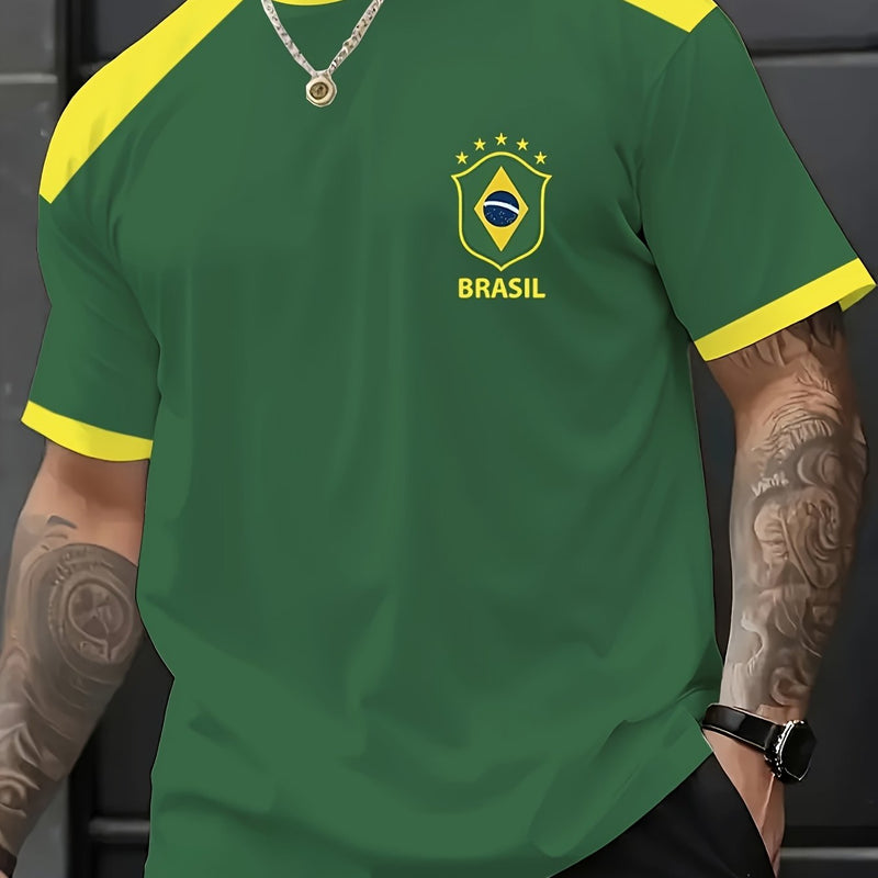 T-shirt masculina com elementos de impressão brasileira, t-shirt casual de verão de manga curta com decote redondo, camisa de manga curta estampada moderna e na moda