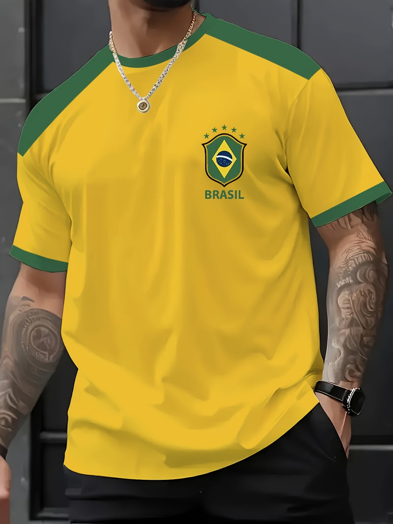 T-shirt masculina com elementos de impressão brasileira, t-shirt casual de verão de manga curta com decote redondo, camisa de manga curta estampada moderna e na moda