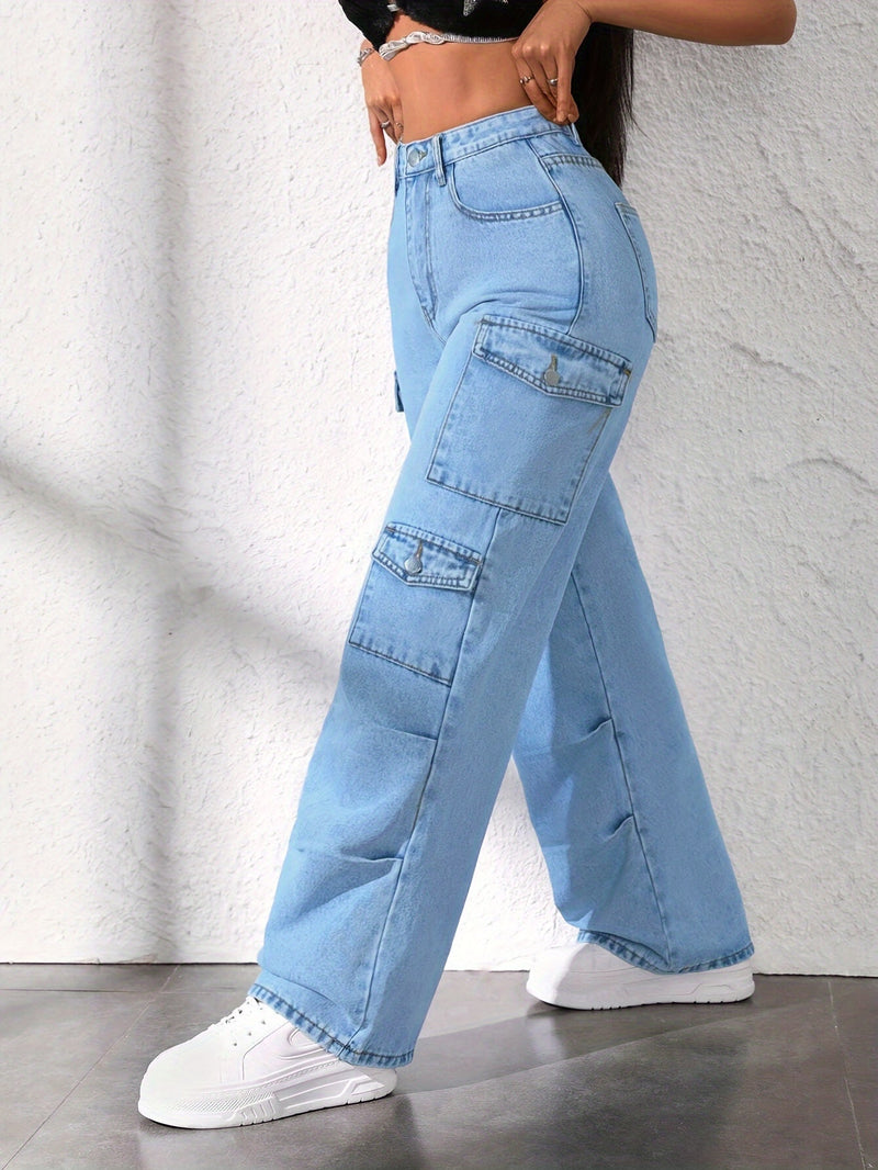 1 peça de Calça Cargo Feminina de Cintura Alta, Azul Claro Lavado, Modelagem Solta, Jeans Elástico de Perna Larga com Múltiplos Bolsos, Estilo Casual, Sem Cinto, Cor Sólida, Todas as Estações