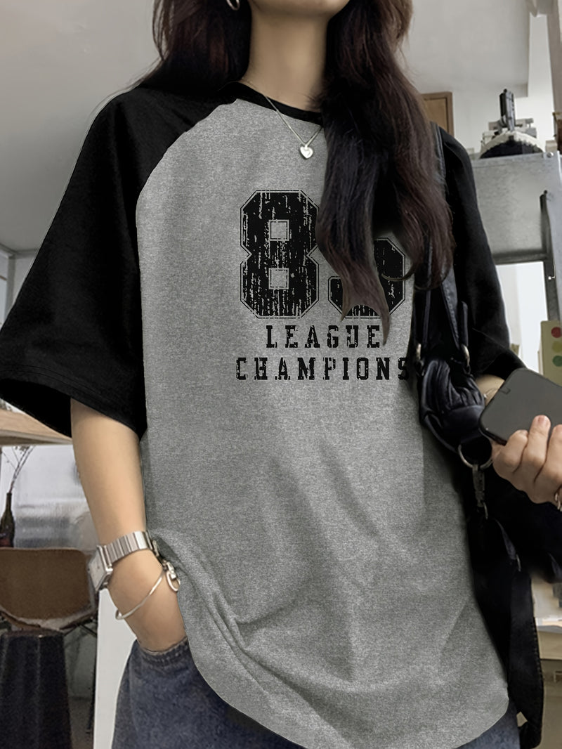 Camiseta casual com gola redonda e estampa de letras, top de malha de manga curta