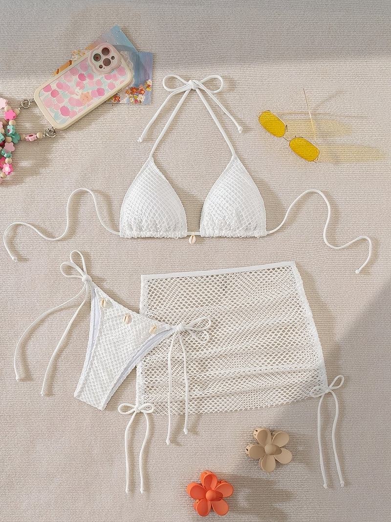 Conjunto de Biquíni de 3 Peças em Malha de Cor Sólida, Enfeites de Concha, Pescoço com Laço Triangular, Saia de Quadril Semi-Transparente, Sexy e Alta Elasticidade, Adequado para Férias na Praia!