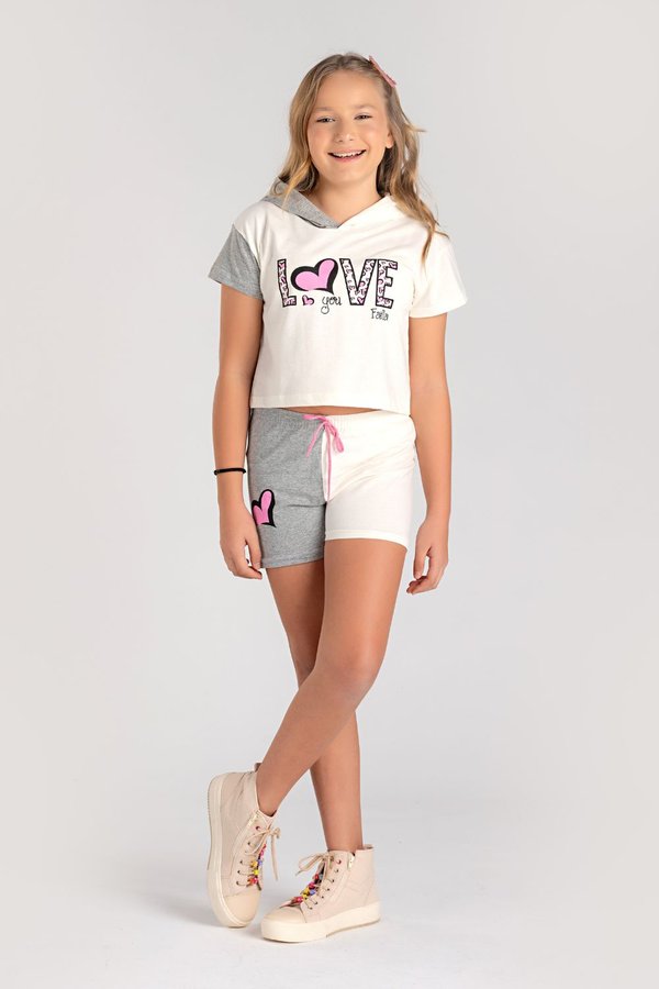 Conjunto Cropped Infantil Verão Feminino Love You - Off-White