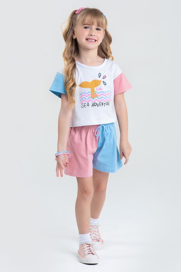 Conjunto Cropped Infantil Verão Feminino Sea Adventure - Branco