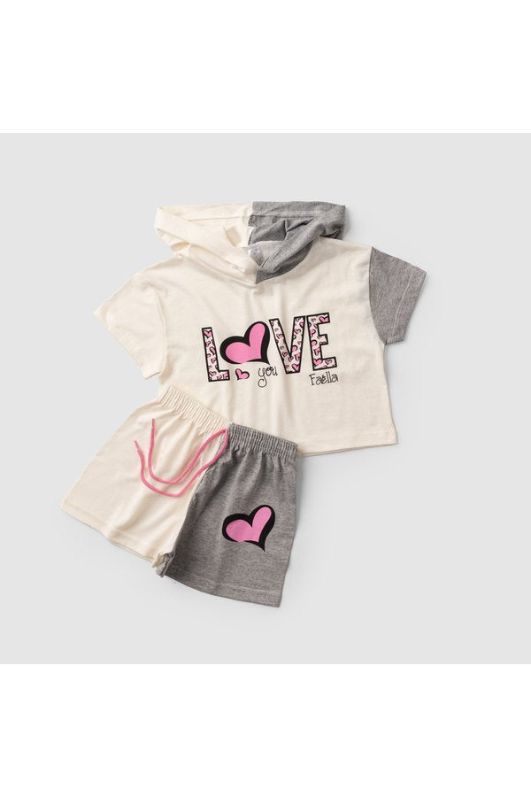 Conjunto Cropped Infantil Verão Feminino Love You - Off-White